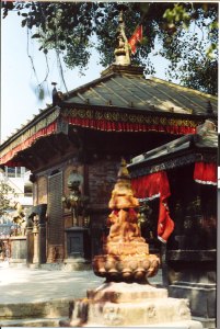 Characteristic Nepali flag on temple's roof